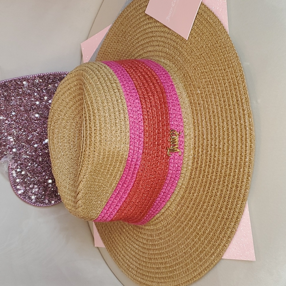 πHPπ Juicy Couture β€οΈπNWTπβ€οΈ Natural Straw Fedora Hot Pink & Red Stripe!β€οΈπ - Picture 10 of 14